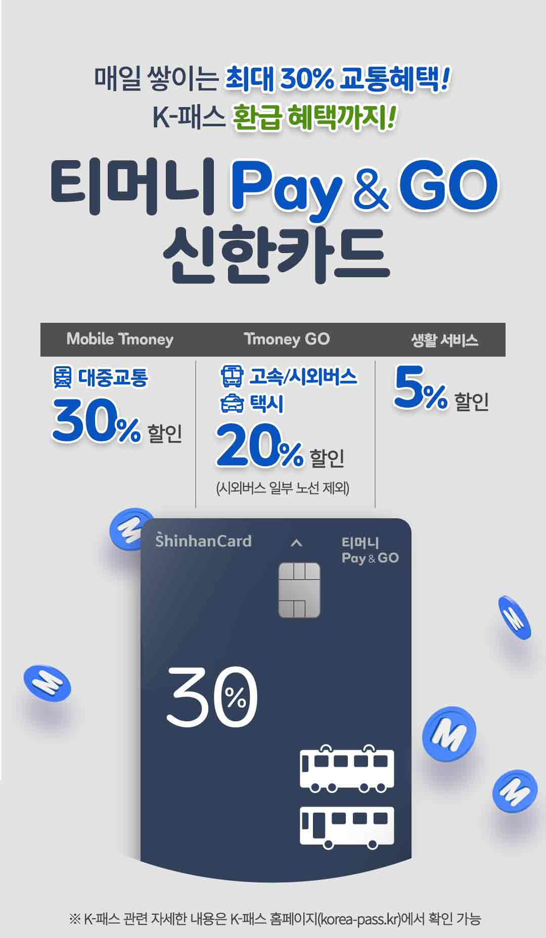 
		매일 쌓이는 최대 30퍼센트 교통혜택! 케이패스 환급혜택까지! 티머니 페이앤고 신한카드.
		대중교통 30퍼센트 할인. 고속시외버스 택시 20%할인(시외버스 일부 노선 제외). 생활 서비스 5% 할인.
		케이패스 관련 자세한 내용은 케이패스 홈페이지에서 확인 가능
		