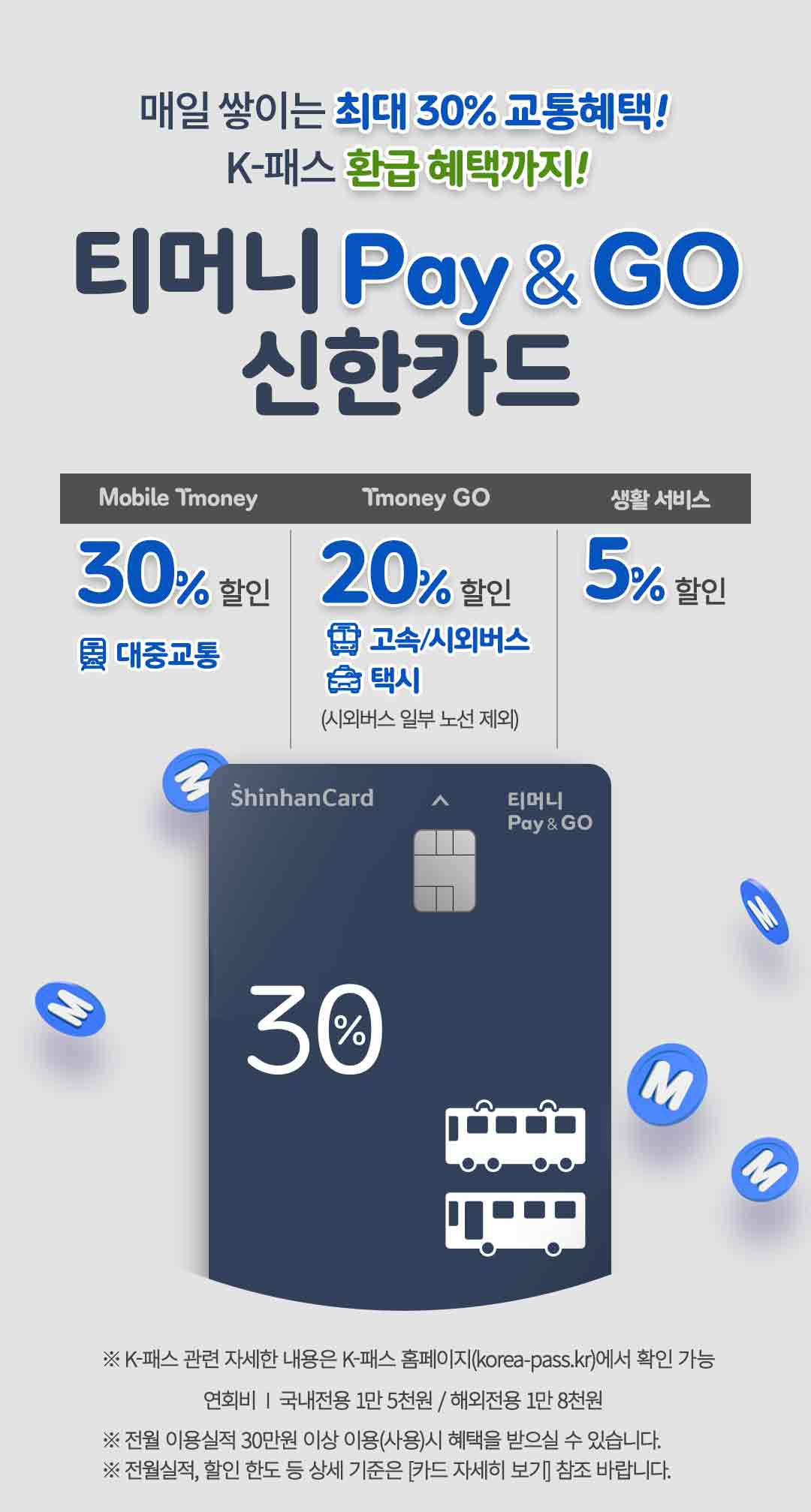 
		매일 쌓이는 최대 30퍼센트 교통혜택! 케이패스 환급혜택까지! 티머니 페이앤고 신한카드.
		대중교통 30퍼센트 할인. 고속시외버스, 택시 20%할인(시외버스 일부 노선 제외). 생활 서비스 5% 할인.
		케이패스 관련 자세한 내용은 케이패스 홈페이지에서 확인 가능.
		연회비 국내전용 1만 5천원 해외전용 1만 8천원.
		전월 이용실적 30만원 이상 이용(사용)시 혜택을 받으실 수 있습니다.
		전월실적, 할인 한도 등 상세 기준은 [카드 자세히 보기] 참조 바랍니다.
		