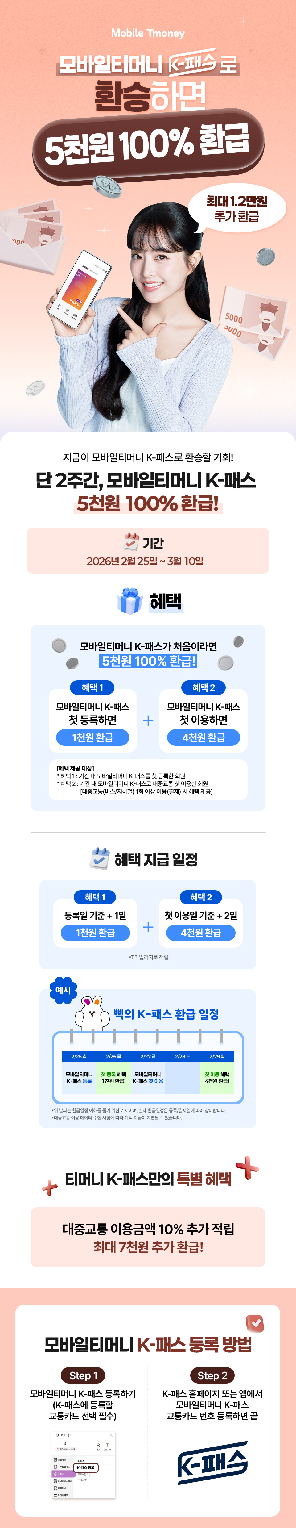 
			모바일티머니 케이패스로 환승하면 5천원 100프로 환급. 최대 1.2만원 추가 환급.
			지금이 모바일티머니 케이패스로 환승할 기회! 단 2주간 모바일티머니 케이패스 5천원 100프로 환급.
			기간 2월 25일 ~ 3월 10일.
			혜택.
			모바일티머니 케이패스가 처음이라면 5천원 100프로 환급.
			혜택1. 모바일티머니 케이패스 첫 등록하면 1천원 환급.
			혜택2. 모바일티머니 케이패스 첫 이용하면 4천원 환급.
			혜택 제공 대상.
			혜택1. 기간 내 모바일티머니 케이패스를 첫 등록한 회원.
			혜택2. 기간 내 모바일티머니 케이패스로 대중교통 첫 이용한 회원. 대중교통(버스/지하철) 1회 이상 결제 시 혜택 제공.
			혜택 지급 일정.
			혜택1. 등록일 기준 +1일.
			혜택2. 첫 이용일 기준 +2일.
			T마일리지로 적립.

			티머니 K패스만의 특별 혜택.
			대중교통 이용금액 10프로 추가 적립. 최대 7천원 추가 환급.
			
			모바일티머니 케이패스 등록 방법.
			스탭1. 모바일티머니 케이패스 등록하기.
			스탭2. 케이패스 홈페이지 또는 앱에서 모바일티머니 케이패스 교통카드 번호 등록하면 끝.
			